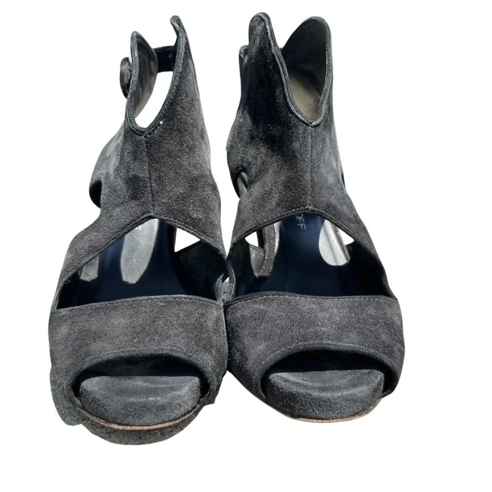 Rebecca Minkoff Demure Toe Suede Bootie High Heel Peep Size 7.5 EU 37.5 Black - Picture 4 of 11